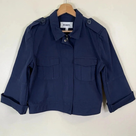 BB  Dakota Cropped Military Blue Zip Cotton Jacket - Picture 5 of 13